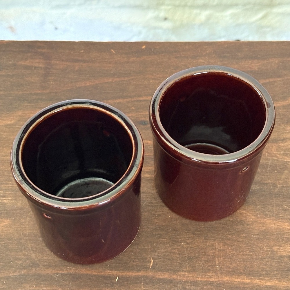 Vintage Brown Glazed Stoneware Crocks Set of 2 Primitive Pottery Jars - Picture 3 of 6